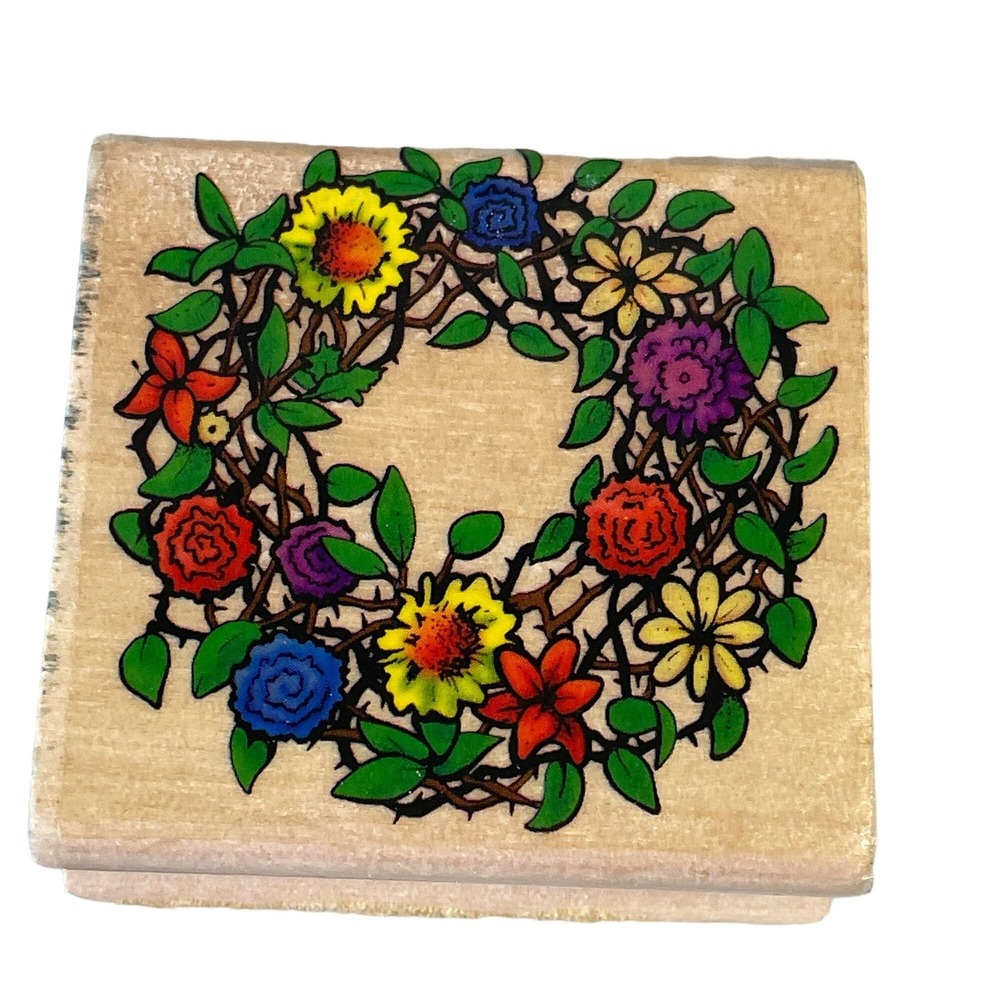 Sky Kids Mounted Rubber Stamp Unisex OS Tan Floral Wreath Wood Block UNUSED